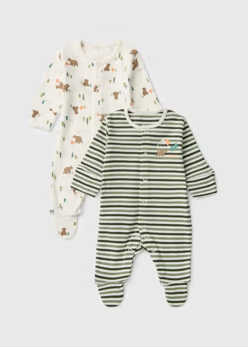2 Pack Baby Green Adventure Sleepsuits