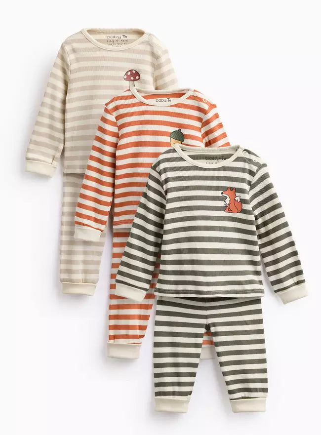 Woodland Animal Ribbed Pyjamas 3 Pack