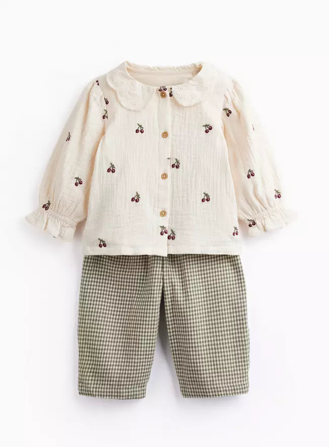 Cream Cherry Embroidered Blouse & Trouser